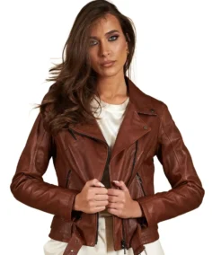 Women Chiodo Brown Biker Leather Jacket Closeup - Trendy Leather Jackets