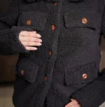 Women's Signature Black Faux Sherpa Jacket Front Closeup - Trendy Leather Jackets