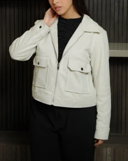 Women's Signature Cream Faux Suede Jacket Front - Trendy Leather Jackets