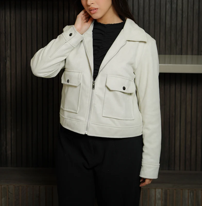 Women's Signature Cream Faux Suede Jacket Front - Trendy Leather Jackets