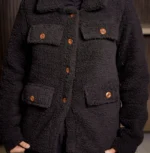 Women's Signature Black Faux Sherpa Jacket Front Pockets - Trendy Leather Jackets