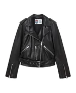 Women Black Biker Vegan Leather Jacket Front Side - Trendy Leather Jackets