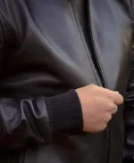 Classic Black Bomber Leather Jacket Closeup - Trendy Leather Jackets