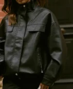 Funnel Neck Black Faux Leather Jacket Closeup - Trendy Leather Jackets