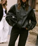 Funnel Neck Black Faux Leather Jacket Front - Trendy Leather Jackets