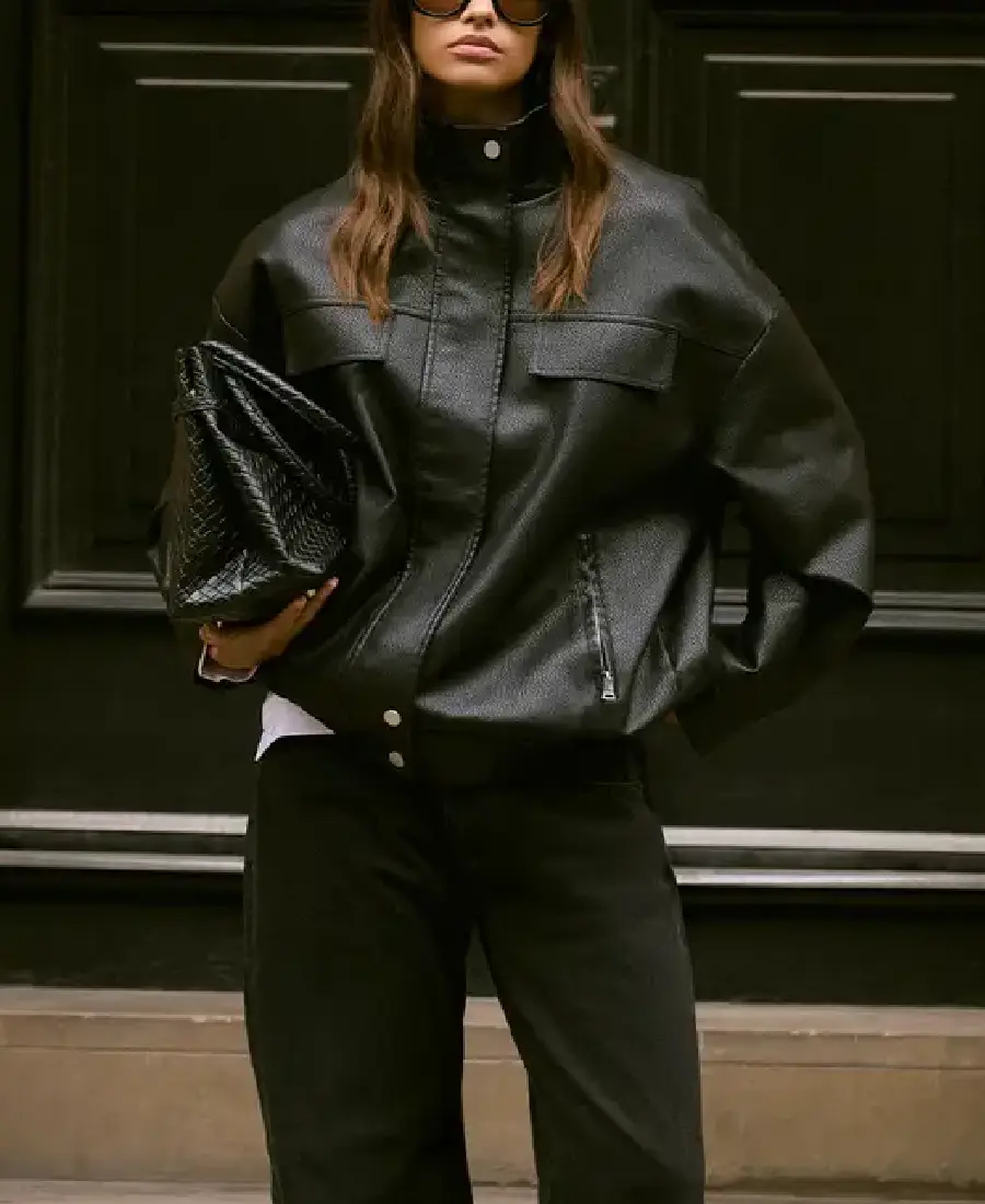 Funnel Neck Black Faux Leather Jacket Funnel Neck Black Faux Leather Jacket - Trendy Leather Jackets