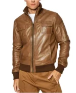 Men Brown Sheepskin Leather Bomber Jacket Front - Trendy Leather Jackets