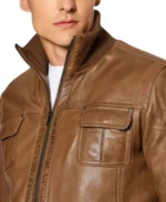 Men Brown Sheepskin Leather Bomber Jacket Closeup - Trendy Leather Jackets