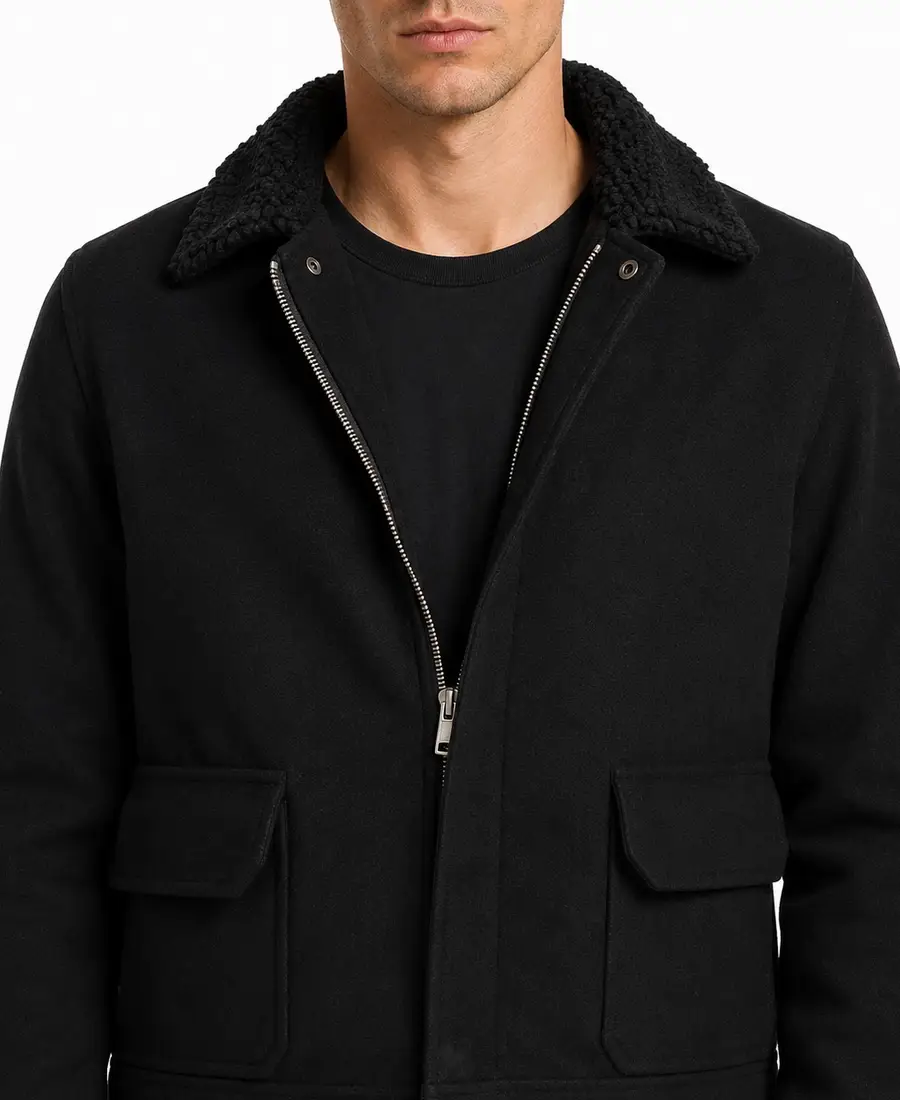 Men'S Signature Black Wool Blend Felt Jacket 6 Men Signature Black Wool Blend Felt Jacket Closeup - Trendy Leather Jackets