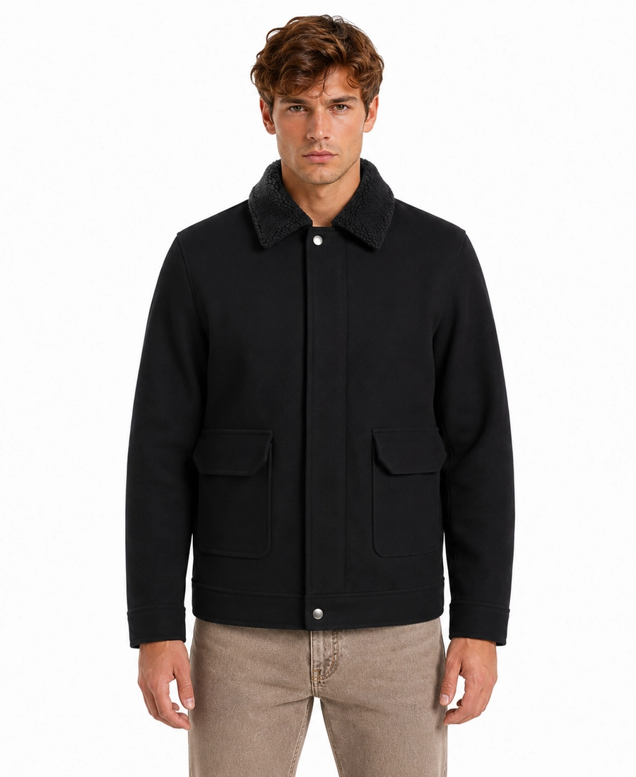 Men'S Signature Black Wool Blend Felt Jacket 3 Men Signature Black Wool Blend Felt Jacket Front Closeup - Trendy Leather Jackets