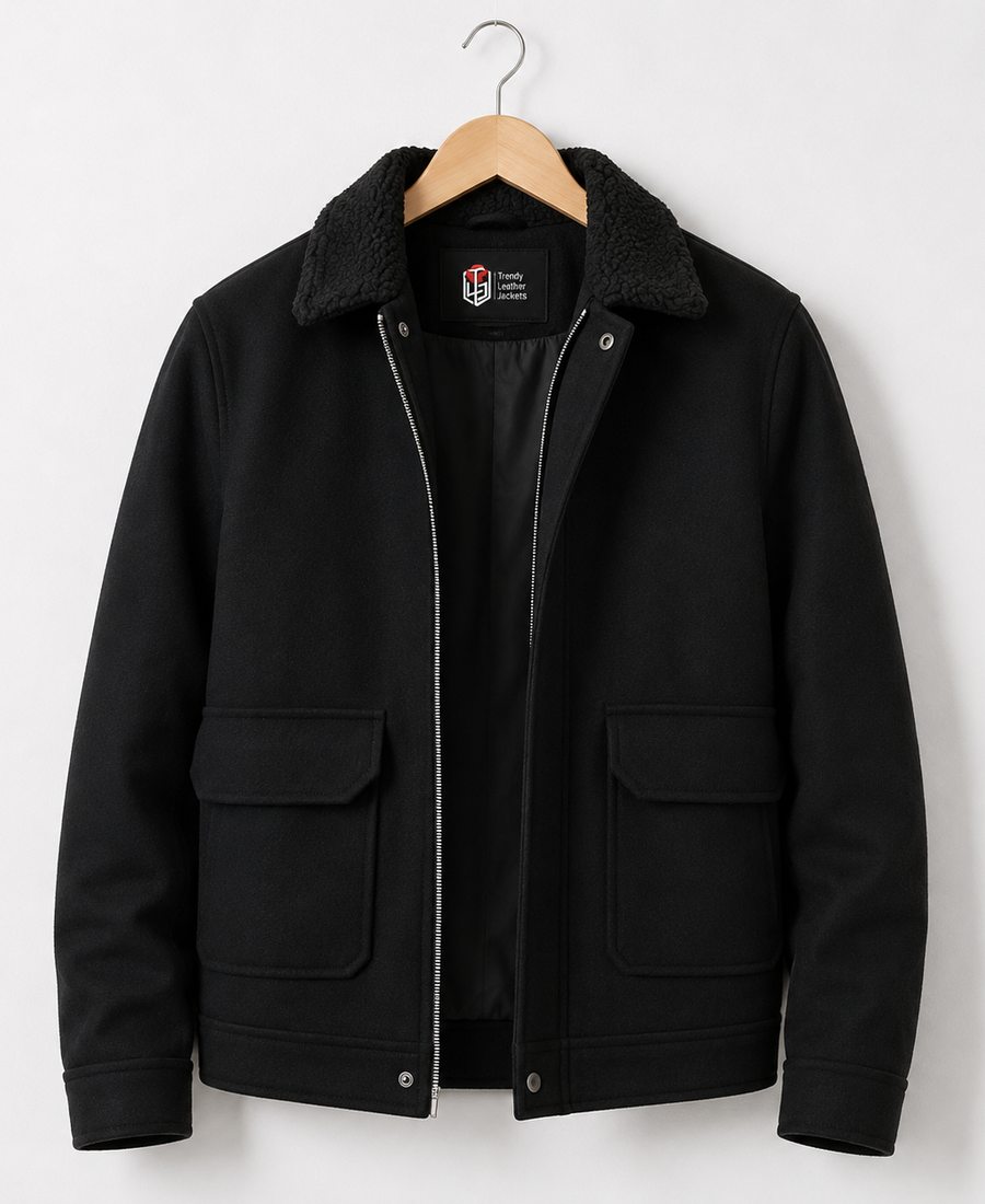 Men Signature Black Wool Blend Felt Jacket - Trendy Leather Jackets