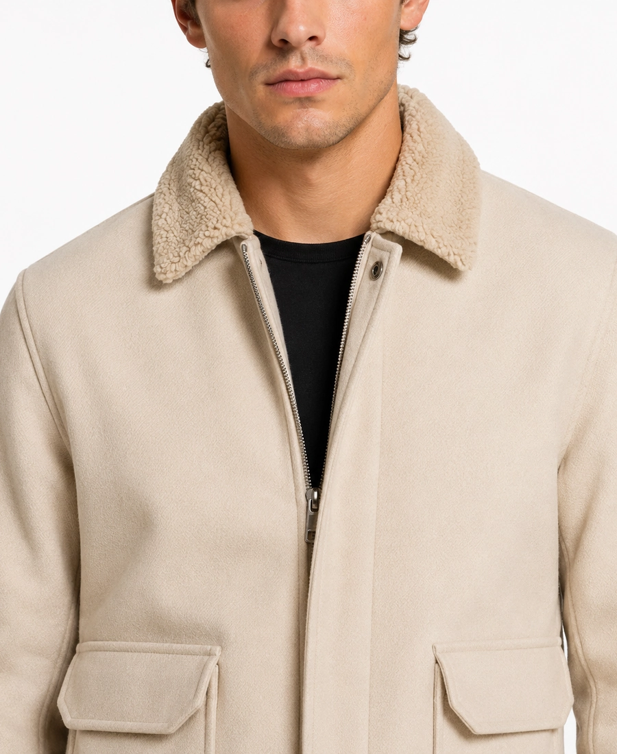 Men'S Signature Cream Wool Blend Felt Jacket 6 Men Signature Cream Wool Blend Felt Jacket Closeup - Trendy Leather Jackets