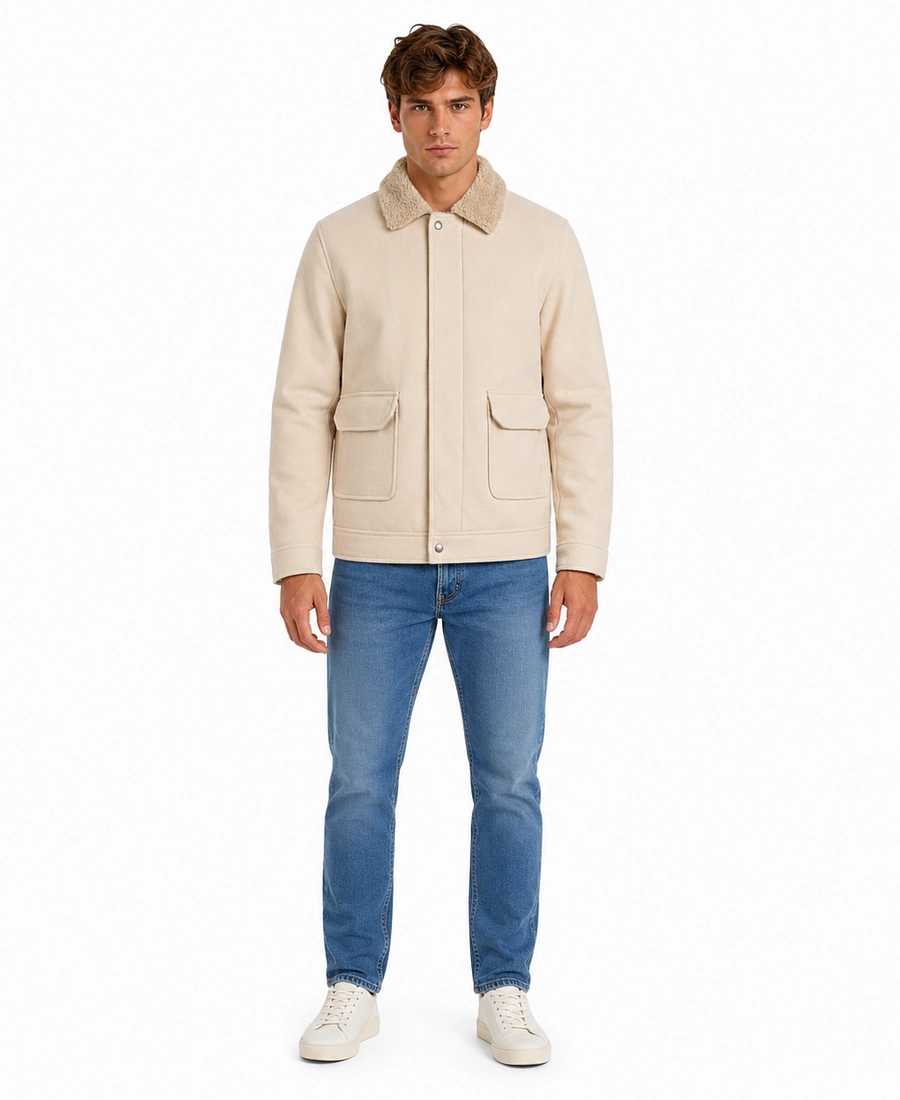 Men'S Signature Cream Wool Blend Felt Jacket 7 Men Signature Cream Wool Blend Felt Jacket Front View - Trendy Leather Jackets