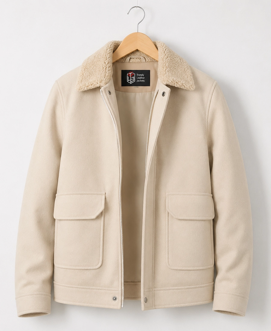 Men Signature Cream Wool Blend Felt Jacket - Trendy Leather Jackets