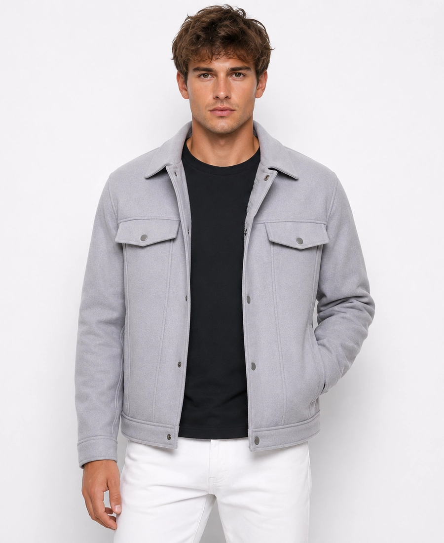 Men'S Signature Light Grey Wool Blend Felt Jacket 5 Men Signature Light Grey Wool Blend Felt Jacket Front Side - Trendy Leather Jackets