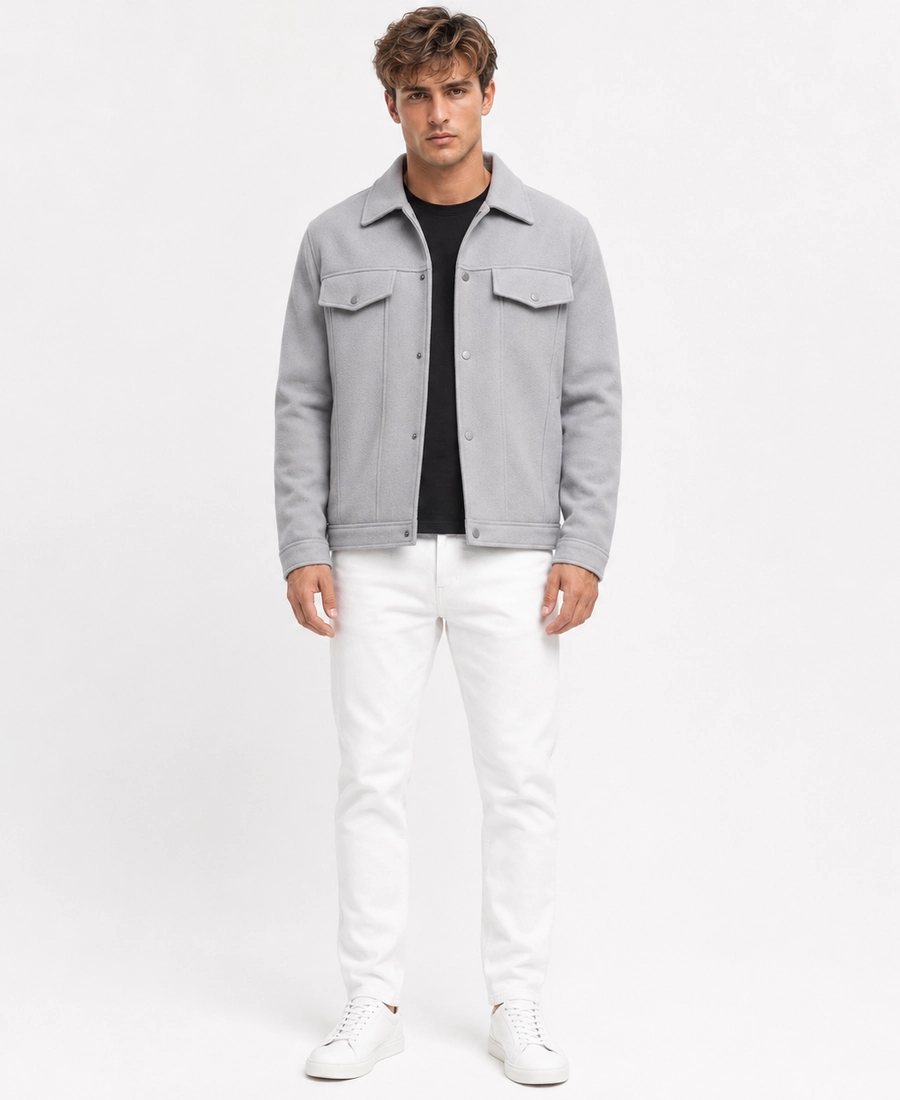 Men'S Signature Light Grey Wool Blend Felt Jacket 6 Men Signature Light Grey Wool Blend Felt Jacket Front View - Trendy Leather Jackets