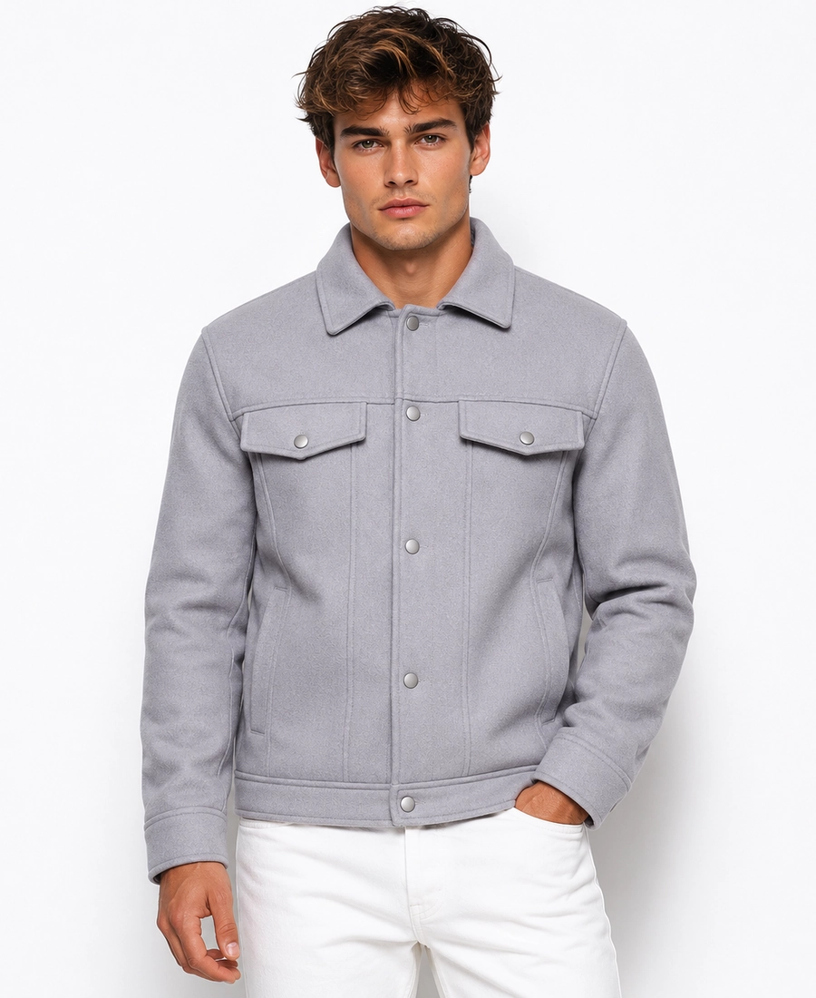 Men'S Signature Light Grey Wool Blend Felt Jacket 3 Men Signature Light Grey Wool Blend Felt Jacket Front - Trendy Leather Jackets