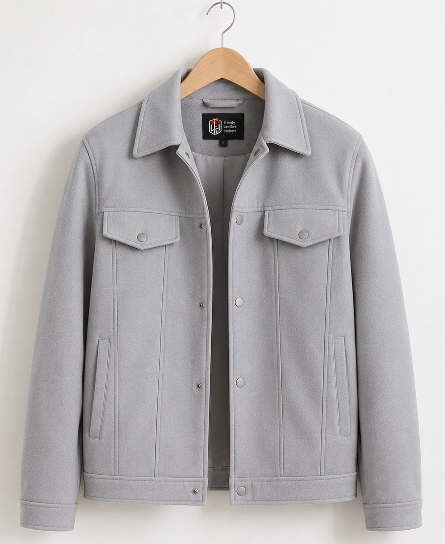Men Signature Light Grey Wool Blend Felt Jacket - Trendy Leather Jackets