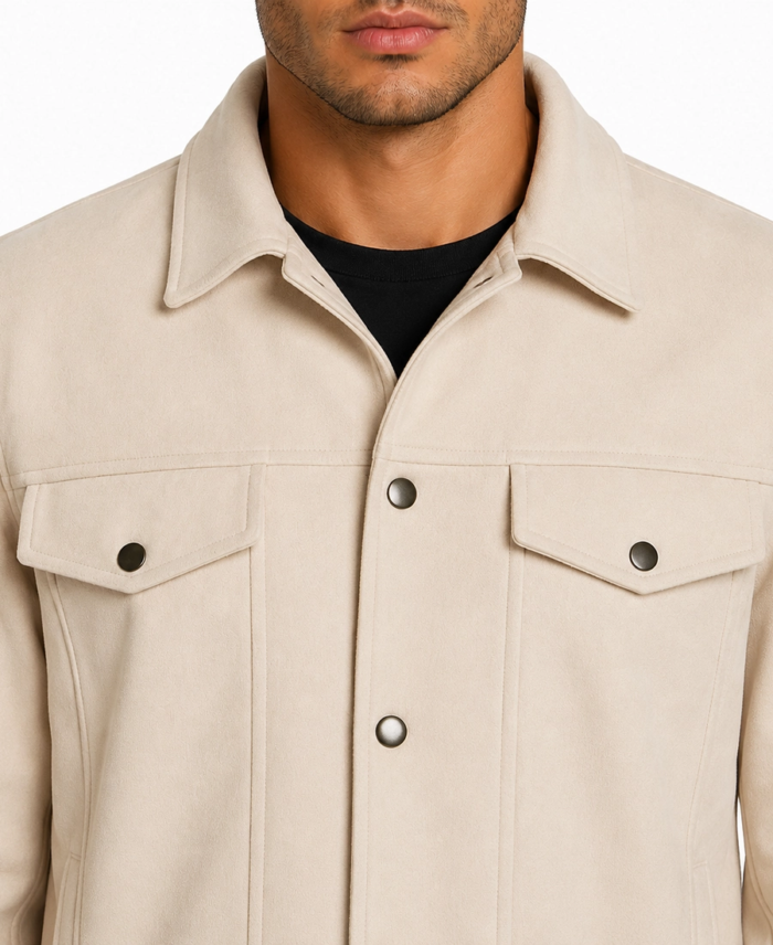Men Signature Off White Faux Suede Jacket Closeup - Trendy Leather Jackets