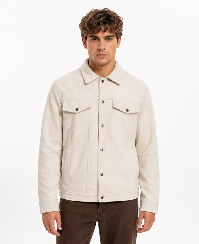 Men Signature Off White Faux Suede Jacket Front - Trendy Leather Jackets
