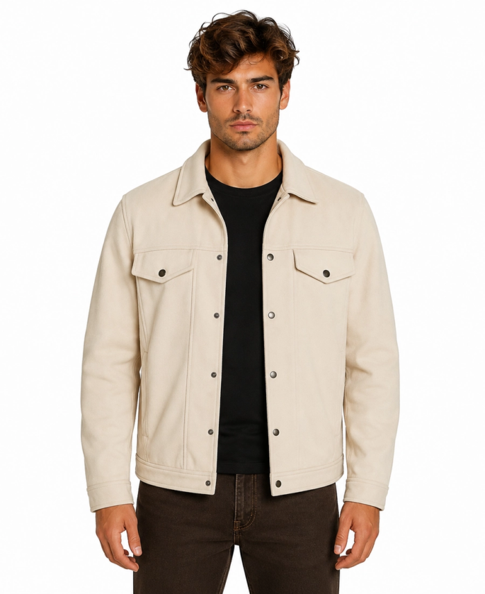 Men Signature Off White Faux Suede Jacket Front Closure - Trendy Leather Jackets