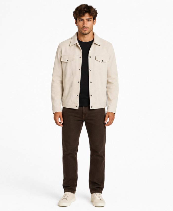 Men Signature Off White Faux Suede Jacket Front View - Trendy Leather Jackets