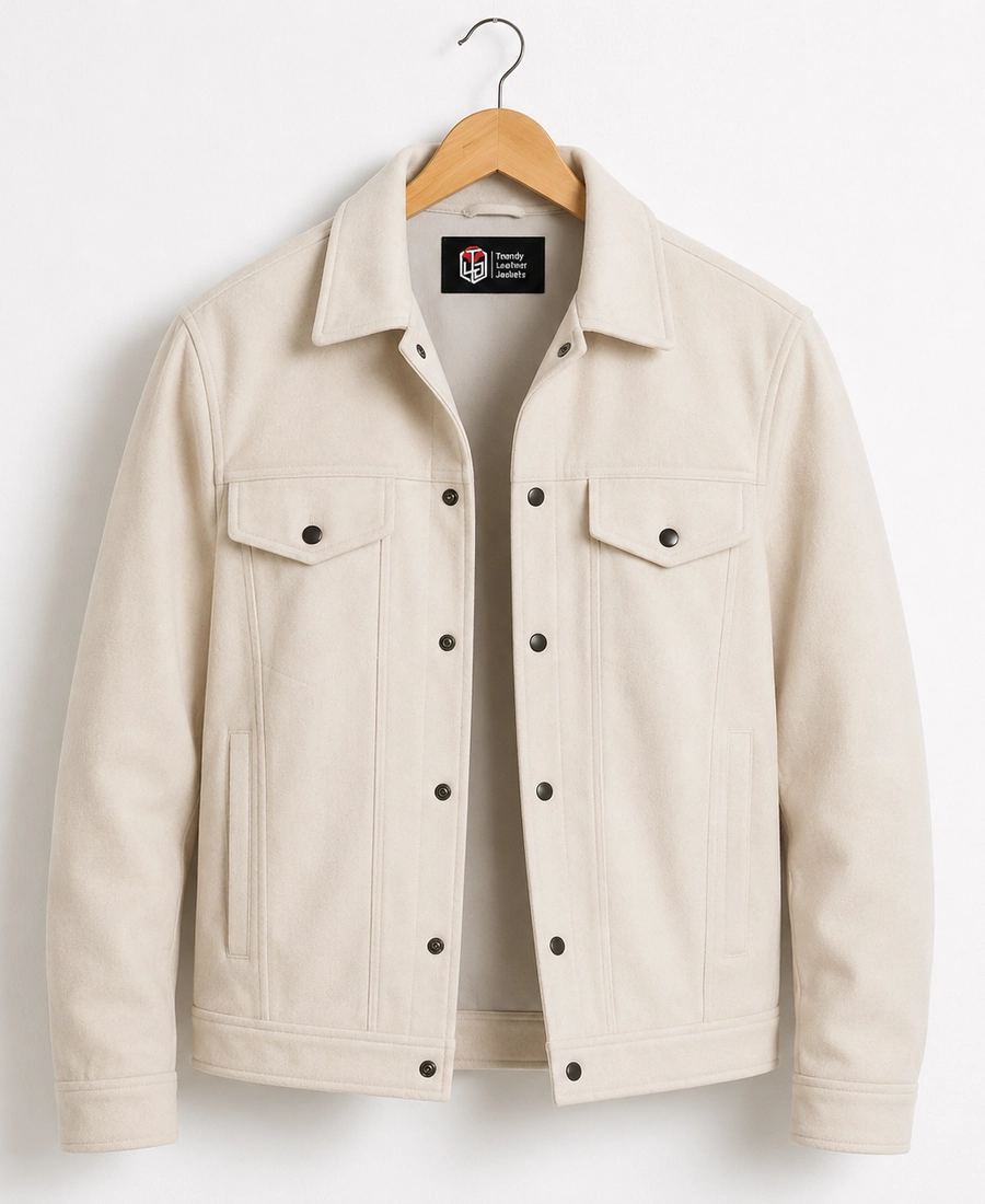 Men Signature Off White Faux Suede Jacket - Trendy Leather Jackets