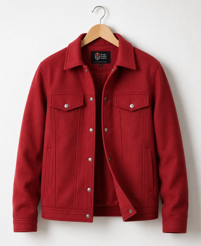 Men Signature Red Wool Blend Felt Jacket - Trendy Leather Jackets
