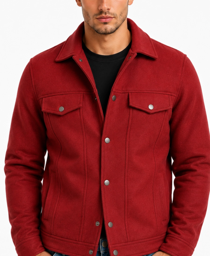 Men Signature Red Wool Blend Felt Jacket Closeup - Trendy Leather Jackets
