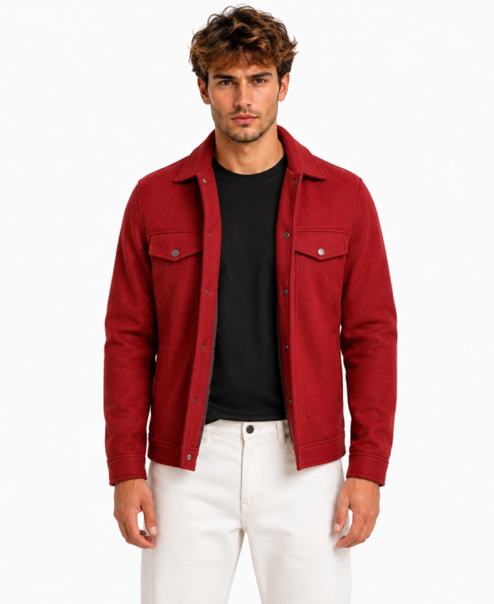 Men Signature Red Wool Blend Felt Jacket Front - Trendy Leather Jackets