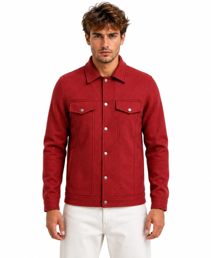 Men Signature Red Wool Blend Felt Jacket Front Side - Trendy Leather Jackets