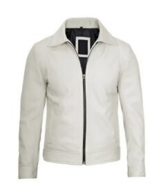 Men White Biker Leather Jacket Front Side - Trendy Leather Jackets