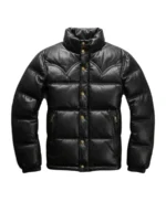 Men's Black Leather Puffer Jacket Front - Trendy Leather Jackets