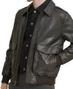 Men's Bomber Black Leather Jacket Closeup - Trendy Leather Jackets