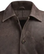 Men's Brown Cowhide Leather Trench Coat Closeup - Trendy Leather Jackets