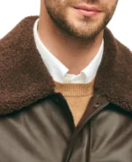 Men's Brown Fur Collar Bomber Jacket Closeup - Trendy Leather Jackets