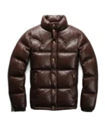 Men's Brown Leather Puffer Jacket Front - Trendy Leather Jackets