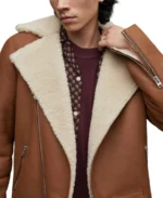 Men's Brown Sheepskin Shearling Leather Jacket Closeup - Trendy Leather Jackets