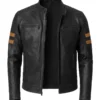 Men's Brown Sripes Biker Leather Jacket Front View - Trendy Leather Jackets