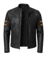 Men's Brown Sripes Biker Leather Jacket Front View - Trendy Leather Jackets