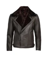 Men's Cognac Moto Shearling Leather Jacket - Chocolate Brown