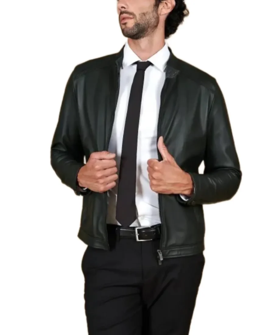 Men'S Dark Green Natural Leather Jacket Front - Trendy Leather Jackets