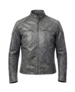 Men’s Distressed Grey Biker Leather Jacket Front - Trendy Leather Jackets