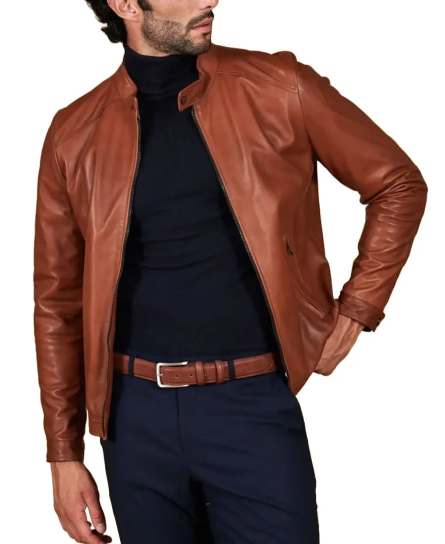 Men'S Effect Korean Brown Leather Jacket Front - Trendy Leather Jackets