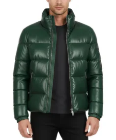 Men's Green Puffer Leather Jacket - Trendy Leather Jackets