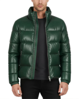 Men's Green Puffer Leather Jacket - Trendy Leather Jackets