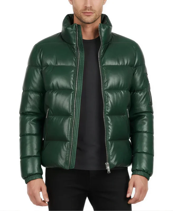 Men's Green Puffer Leather Jacket - Trendy Leather Jackets