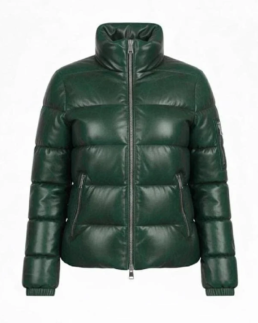 Men's Green Puffer Leather Jacket Front - Trendy Leather Jackets