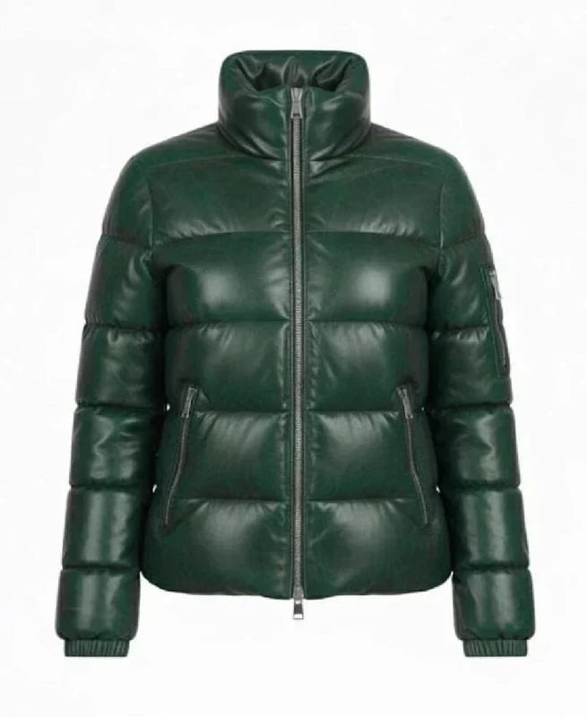 Men's Green Puffer Leather Jacket Front - Trendy Leather Jackets