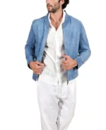 Men's Light Blue Denim Suede Leather Jacket - Trendy Leather Jackets